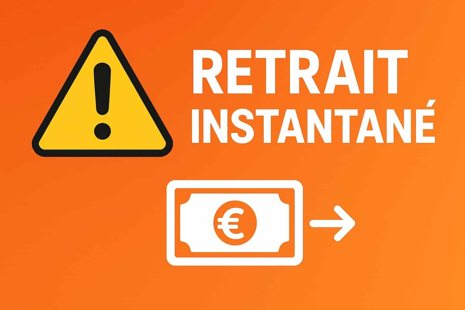Retrait d'argent instantané avec icône Euro et flèche sur fond orange.